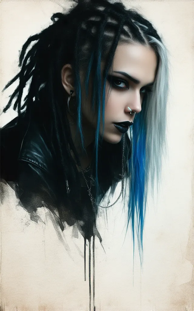 Girl Emo figure, dreadlocked hair, half of her hair is blue and the other half is silver, with a piercing in her mouth, pale skin, sharp facial features, dark lips, dramatic pose, moody lighting, dramatic shadows, gloomy atmosphere, dark textures, aged vin...