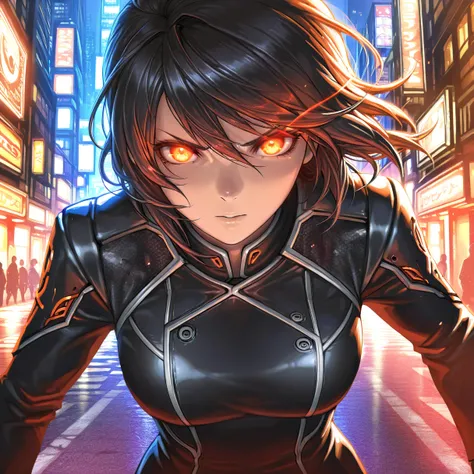 a detailed japanese girl in a warframe, complex patterns, heavy metal, energy lines, faceless, glowing eyes, elegant, intense, red and black uniform, solo, (modern city street, dramatic lighting, masterpiece:1.2), best quality, highres, beautiful detailed ...