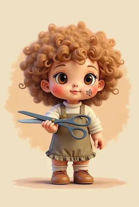 I want a doll for a logo, of personalized stationery, With scissors in hand, a light brown doll, with big eyes very curly hair on the shoulder, Big Eyes Claro, with a sign on the left eye, 