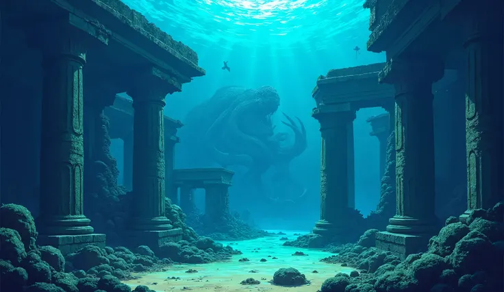 In the depths of a pixelated ocean, a forgotten city rests, shrouded in an ethereal blue glow. Colossal structures of stone and coral form the remains of a great submerged Atlantis, its cracked and algae-covered towers swaying gently with the current. Rays...