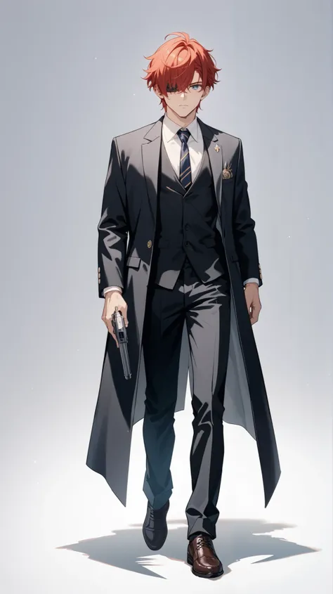  Sanpaku, 25years old, man, suit, White background, illustration, full body, wide shot, front view, middle aged,  standing,  stylish pose, looking at viewer, Red hair, blue eyes、spy、bangs to hide one eye、Thief、Investigator、grinning、 slender、black cool suit...