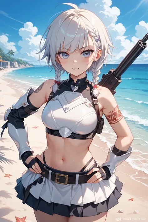  1girl , high definition+、 uncensored+、 Masterpiece+、short bob heir+,black heir++, Side Braids +,A wound on the nose、Tomboy+, place your hands on your hips+、arm tattoo++,white armor skirt++,With a white gun++、on beach+、 national costume++、