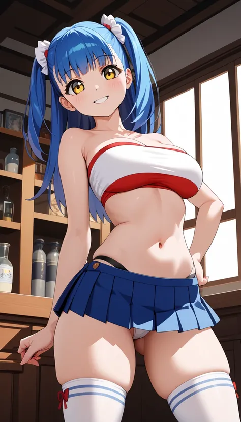 official art
,
1 girl, (20 years old), (Tuile from gravion), blue hair, yellow eyes, twintail, two side up, (young), (cute), perfect body, (curvy), (big breasts), (thick thighs), slim waist
,
tube top, pleated skirt, micro skirt, midriff, white knee-high s...