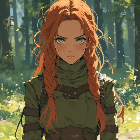 A woman in early thirties. She has long and braided auburn hair. She has sharp grey eyes. Her build is lithe and agile. She wears practical, earth-toned clothing, designed for stealth and movement in natural environments. She has silver aura. In anime art ...