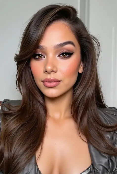 Foto hiperrealista en primer plano de woman, masterpiece, best quality, with cute hyperdetailed shy face and natural brunette middle length hair and shy smile , realistic round hazel eyes, natural lips, dark eye makeup with eyeliner, wearing shiny super pu...