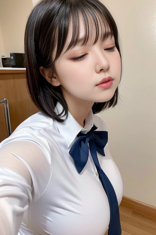 ((Best quality, 8k, Masterpiece:1.3, 8k wallpaper, Huge file size)), (Ultra detailed, very detailed face, beautiful and detailed eyes), close up face, (from front, head on), look at viewer, beautiful girl, high school student, black hair, Short hair, Huge ...