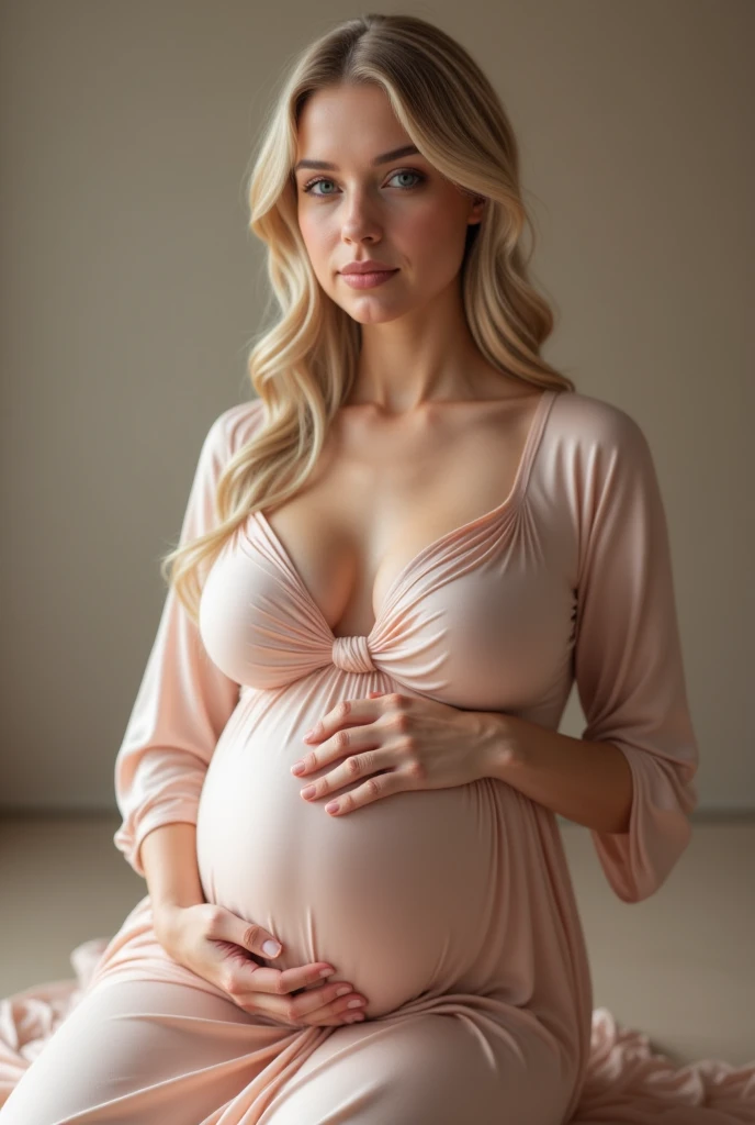 Blonde in silk dress and elegant pregnant 