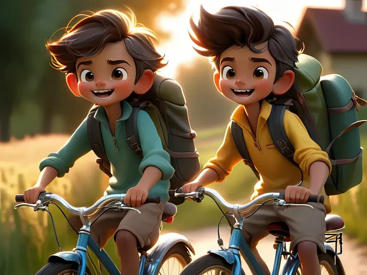 Young boys having a road trip on their bicycles at sunset on a country side road. They carry their back pack. They are happy, cheerful and laughing while pedaling their bikes.