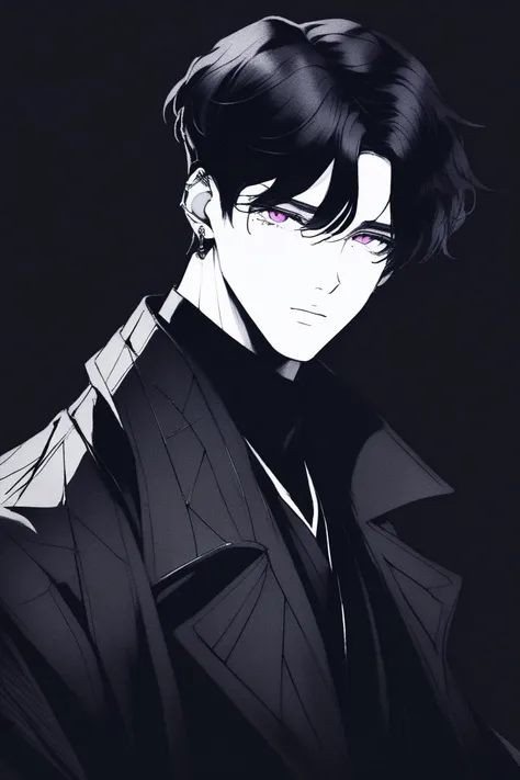 ( the best quality , sketch:1.2),A Young Man in a Long CoatCustom, (dark monochrome background),Neon hair,textured cutout,  masterpiece,  classic retro style , dark black, until, sketch book, ( short black hair:1.75 Neon:1.32), Bad women ,  Dark monochrome...