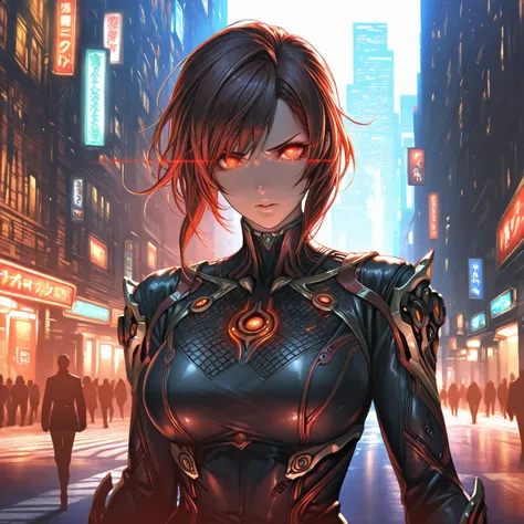 a detailed japanese girl in a warframe, complex patterns, heavy metal, energy lines, faceless, glowing eyes, elegant, intense, red and black uniform, solo, (modern city street, dramatic lighting, masterpiece:1.2), best quality, highres, beautiful detailed ...