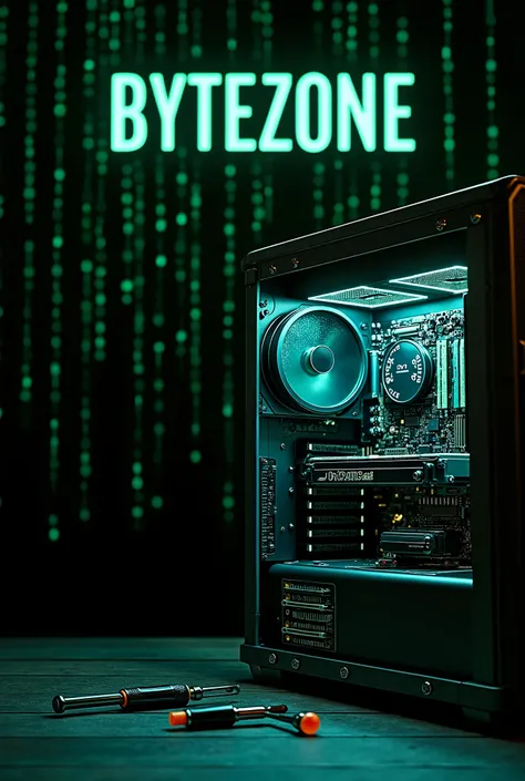 A professional advertisement for 'BYTEZONE' with a dark cyberpunk aesthetic. The background is black with cascading green binary code, resembling The Matrix. At the top, the word 'BYTEZONE' is displayed in a futuristic, high-tech font, glowing in blue or g...