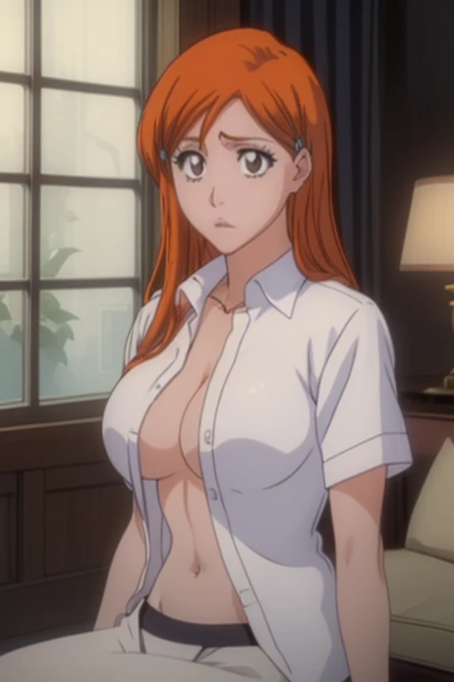 masterpiece, best quality, finely detailed, 1girl, (orange hair), (bishoujo), cute, (brown eyes), (eyelashes), (huge breasts), (neckline), (white shirt: 1. 2), (open shirt),visible navel, sitting on sofa, lamp, window, night, delicate interior design,Orihi...