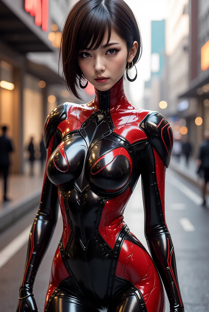 a detailed japanese girl in a warframe, complex patterns, heavy metal, energy lines, faceless, glowing eyes, elegant, intense, red and black uniform, solo, (modern city street, dramatic lighting, masterpiece:1.2), best quality, highres, beautiful detailed ...