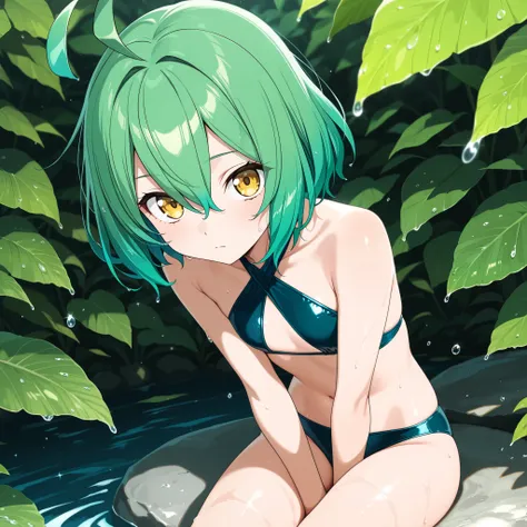 masterpiece, best quality, amazing quality, Anime Screencap. BREAK. 1girl, solo, green hair, yellow eyes, monster girl, ahoge, sitting, looking at viewer, water drop, frog girl, short hair, flat chest, leaf, swimsuit, hair between eyes, bare shoulders, bet...