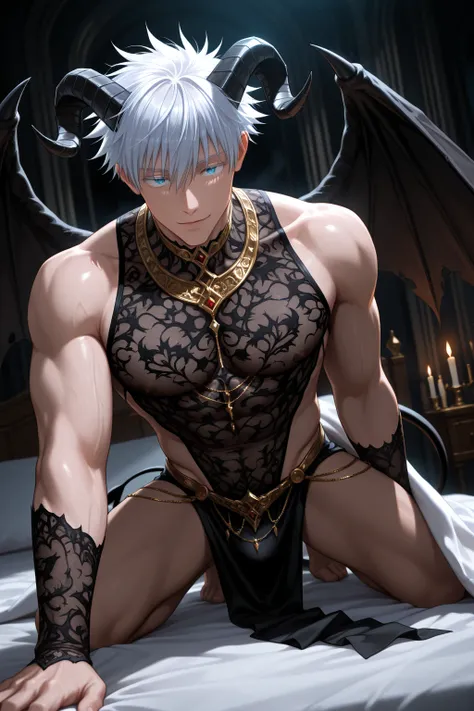 1boy, male focus, gojou satoru, jujutsu kaisen, short hair, hair between eyes, blue eyes, muscular, handsome, sexy man, mature male, cool, demonlord, ((horns)), wings, tail,  black sexy clothing, intricate clothes, jewelry, solo,arrogant, Lies sexy invitin...