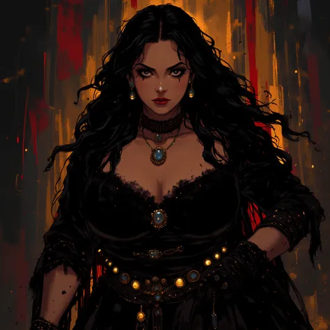 A woman in early thirties. She has a fat build. She has long, curly, black hair with gemstones adornments. She has dark and shrewd eyes. She wear black, tight, commanding clothes. She wears expensive jewelries. She has a deep, shimmering black, flecked wit...