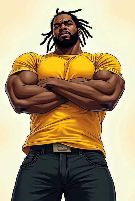 Big muscular Black man, arms crossed over his chest, muscles tense. He wears a dreadlocked ponytail, a yellow short-sleeved T-shirt, and black jeans. (((Bottom-up view))) cartoon style, hand drawn style, view from bottom to up