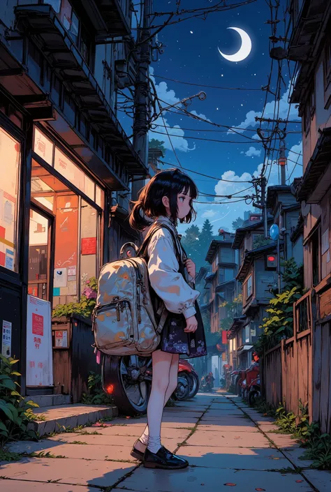 A Girl, Street Corner in a Japanese Suburb, Express a backpack, Motorcycle bed light clearly on the night of the crescent moon, Very big backpack, Move at night, Luxurious Fabrics, Details, full color illustrations, Fantastic painting atmosphere, anatomic...