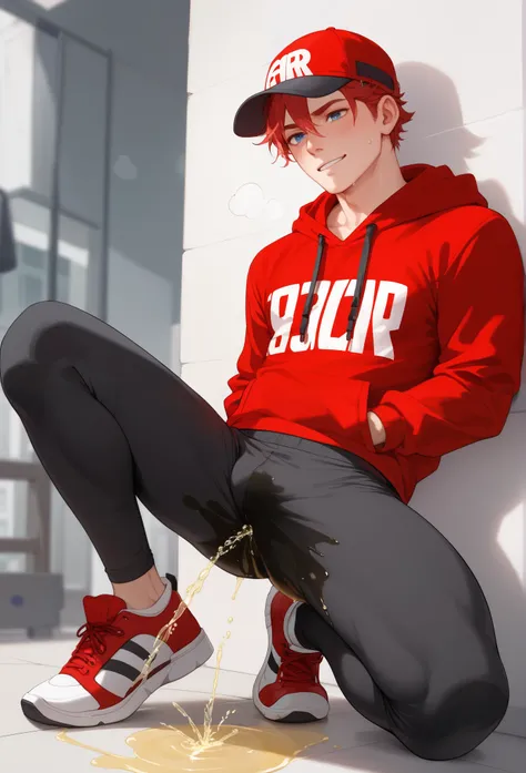 LiaqN.Red haired man.Handsome.Wearing a red hoodie cap black skinny pants Hi Top Sneakers.He couldn't hold his pee. There is a large pee wet spot on his crotch. Pee stain on his pants. Pee wet spot on his crotch. He is ashamed of peeing himself