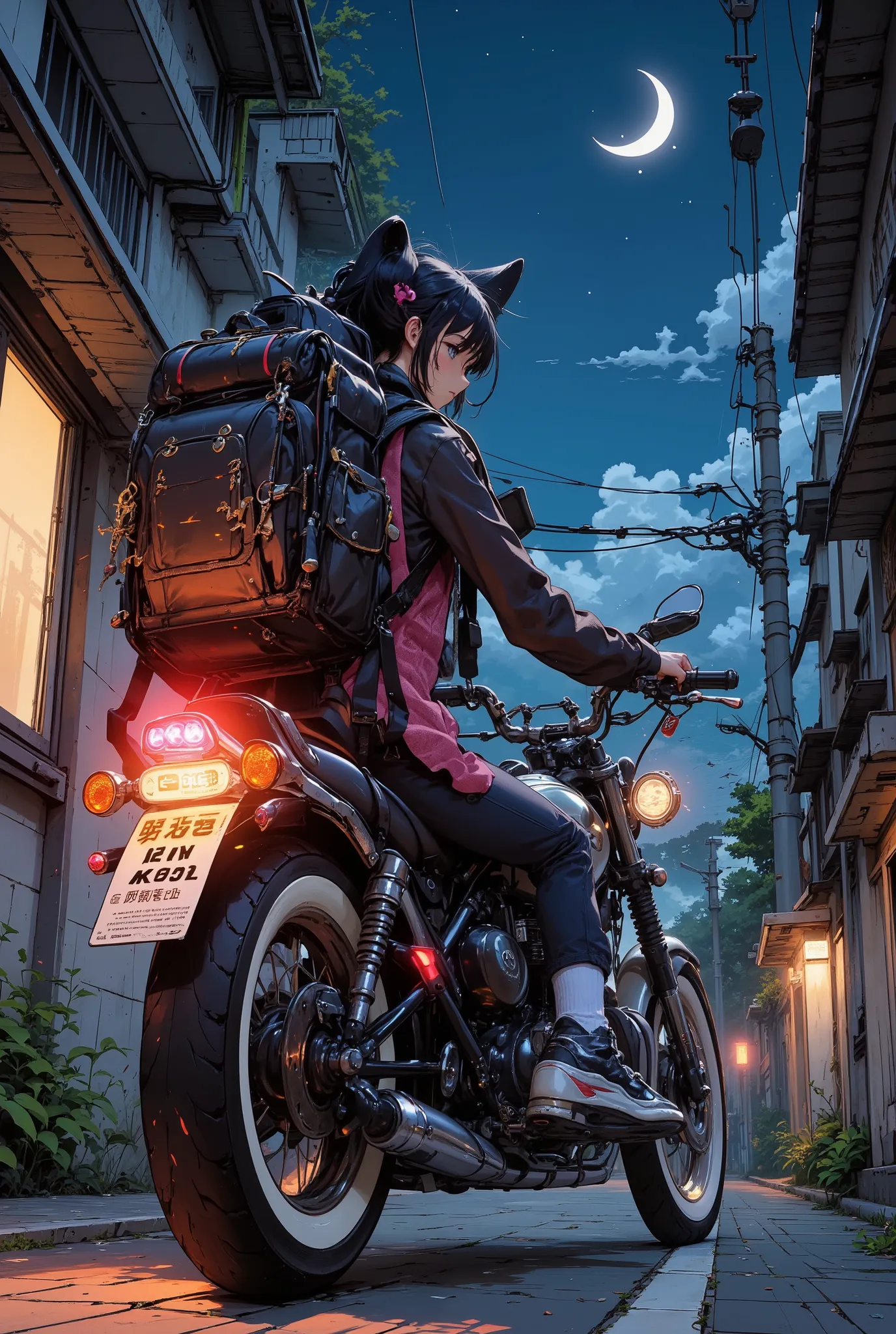 Girl on a motorcycle, Street Corner in a Japanese Suburb, Motorcycle bed light clearly on the night of the crescent moon, Very big backpack, Move at night, Luxurious Fabrics,  Details, full color illustrations, Fantastic painting atmosphere, ((anatomically...