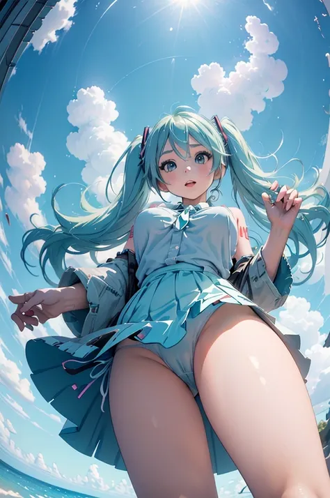 (masterpiece, best quality), 1girl,  hatsune miku, huge breasts,,
 from below, low angle shot,  ass focus, panties, spread legs, fisheye lens, legs,