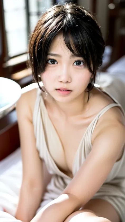 (( women in their 30s)), ( petite woman ,  Japanese,    black hair, full body portrait,  short hair,), (( without makeup)), Fair skin,  Shiny Thin Lips ,  Skinny, Body Type,  delicate and sexy collarbone , top quality,  RAW Photo,  by Nomi, face,  so beaut...