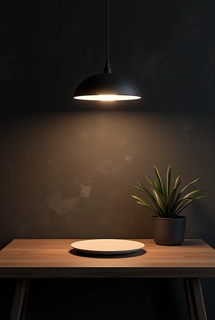  background image, LED lamp illuminates dark walls from above, On it is a table with a modern wood look. It contains a plant and a plate to present an object 