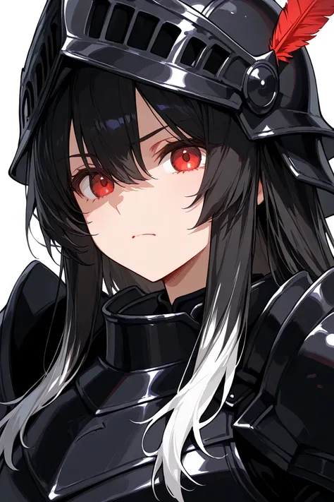 A tall woman in black armor, a black helmet with a red feather, Your face is clearly visible, Serious and apathetic face,  long hair through the helmet, black hair with white tips,  red eyes,