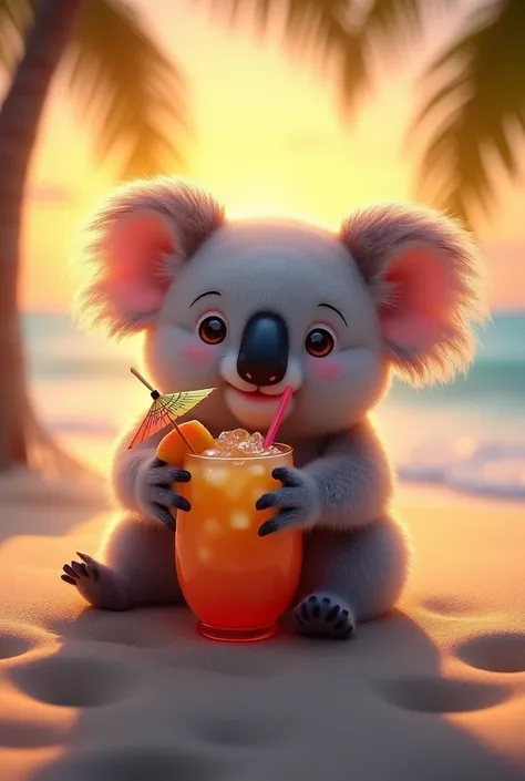 

"A cute and fluffy koala sitting on a tropical beach at sunset, holding a colorful cocktail with a tiny umbrella and a straw. The koala has a relaxed expression, enjoying the drink while surrounded by palm trees and warm, golden light. The cocktail is vi...