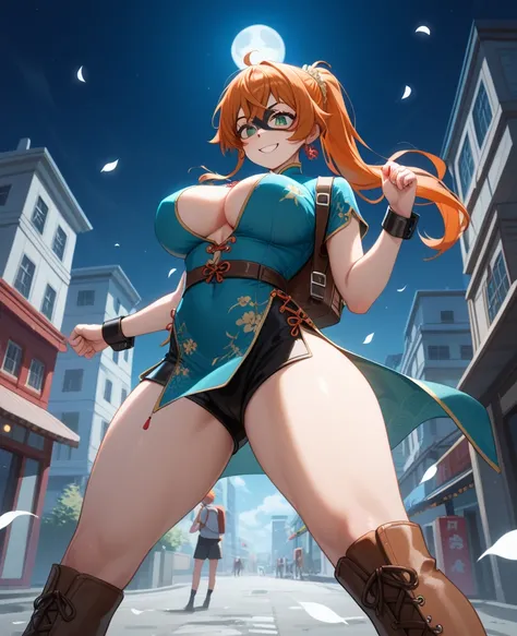  masterpiece,  the best quality , shot of a cowboy, Alone , 1 girl,  Kendo Itsuka  , smile challenge, looking at the spectator, Standing,  in fight position, cuffs raised upwards on the chest, horse with ponytail,  orange hair, fringe is divided into three...