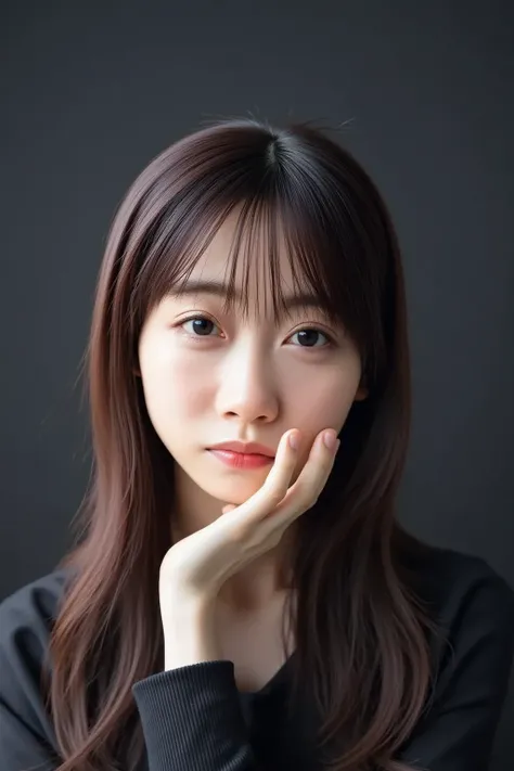 A photograph of a young asian woman with fair skin and long,straight dark hair,styled in a simple,elegant manner. She has a slender face with delicate features,including arched eyebrows,almond-shaped eyes,and a small nose. Her lips are slightly parted,and ...