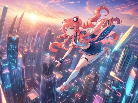 (masterpiece, best quality, ultra-detailed), (dynamic action, cinematic lighting, anime-style, fantasy elements),  
(Peach-haired gal, Rin Momozaki, fashionable and energetic, long twin drill hair spinning like a propeller, flying through the sky),  
(conf...