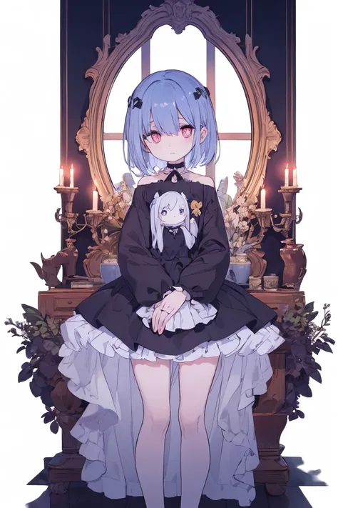 "A frightened woman standing in front of an old, ornate mirror in a dark, candlelit room. In the reflection, a cursed doll with hollow eyes and a twisted smile appears on a chair behind her, though the chair is empty in reality. Her expression is frozen in...