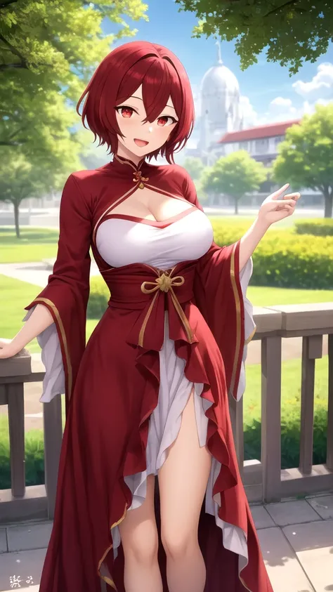 masterpiece, best quality, high quality, girl, solo, looking at viewer, kakeru_sengoku, red eyes, red hair, hair between eyes, short hair, large breasts, Genshin Impact cosplay, princess Dress, standing, smile, open mouth, outdoors 