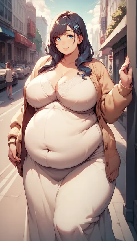 chubby, curvy, fat, dress, cardigan, large breasts, long hair, standing, city in background, overweight, big belly, smile, blue eyes, attractive, pretty