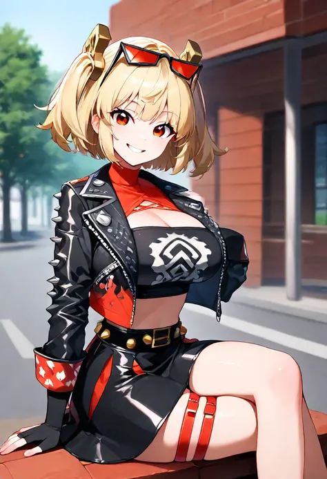  masterpiece, the best quality , amazing quality ,burnicezzz  , blond hair,  red eyes, short hair,  two sides up ,  hair ornament,  glasses on the head, 1 girl, Alone ,  outdoor, street,shot of a cowboy, looking at the spectator,  black jacket,  short jack...