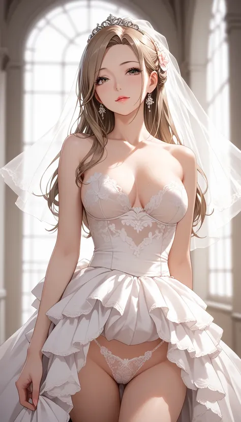 best quality, absurdres, わきDownを見せない, Down,  No Background,  becomes transparent when you stare at it {x}, PE, front view, cowboy shot,  perfect beautiful face, Beautiful breasts,  Read more, slim, lightbrown long hair, parted bangs, wedding dress, white l...