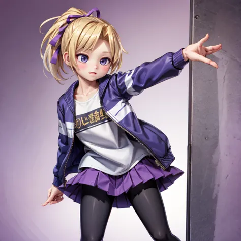 maikazevalentineKC, 1girl, solo, skirt, shirt, long sleeves, ribbon, jacket, hair ribbon, ponytail, pleated skirt, open clothes, open jacket, purple skirt, purple jacket, black leggings,