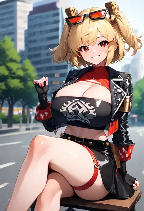  masterpiece, the best quality , amazing quality ,burnicezzz  , blond hair,  red eyes, short hair,  two sides up ,  hair ornament,  glasses on the head, 1 girl, Alone ,  outdoor, street,shot of a cowboy, looking at the spectator,  black jacket,  short jack...