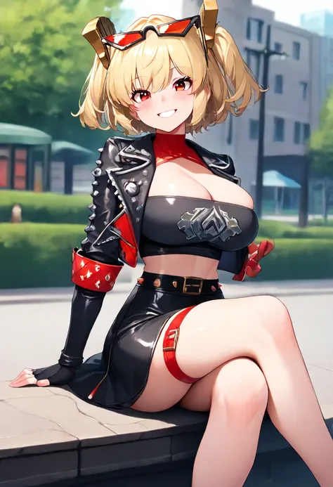  masterpiece, the best quality , amazing quality ,burnicezzz  , blond hair,  red eyes, short hair,  two sides up ,  hair ornament,  glasses on the head, 1 girl, Alone ,  outdoor, street,shot of a cowboy, looking at the spectator,  black jacket,  short jack...