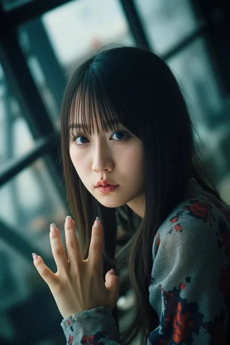 “A young Japanese woman in her twenties, standing inside an abandoned building, eyes wide with fear, her hands slightly raised in defense, faint moonlight filtering through broken windows, dusty air particles visible, realistic horror vibe, highly detailed...