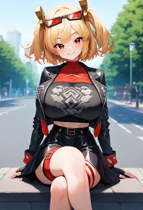  masterpiece, the best quality , amazing quality ,burnicezzz  , blond hair,  red eyes, short hair,  two sides up ,  hair ornament,  glasses on the head, 1 girl, Alone ,  outdoor, street,shot of a cowboy, looking at the spectator,  black jacket,  short jack...