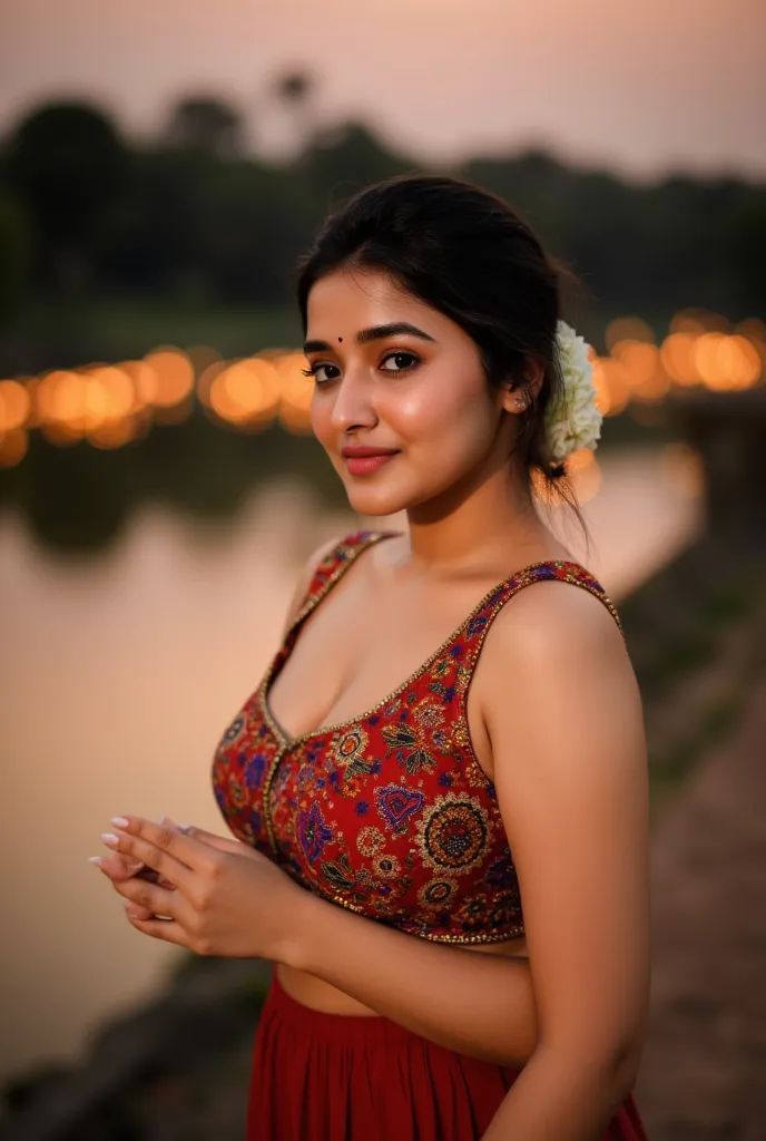 portrait photo of a stunningly beautiful young Indian woman, adorned in a vibrant strapless ajrakh printed bandeau, busty figure with deep cleavage, pale skin with warm color grading, hourglass silhouette, slim waist, deep navel with detailed skin texture,...