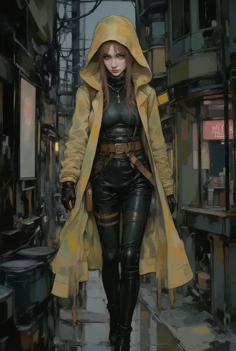  walking up to the camera,  flat large general full body :1.5, a woman in a yellow hooded raincoat walking in the rain, cyberpunk urban clothing, wearing cyberpunk urban clothing,  photograph of a woman wearing technological clothing ,  El atuendo de cyber...