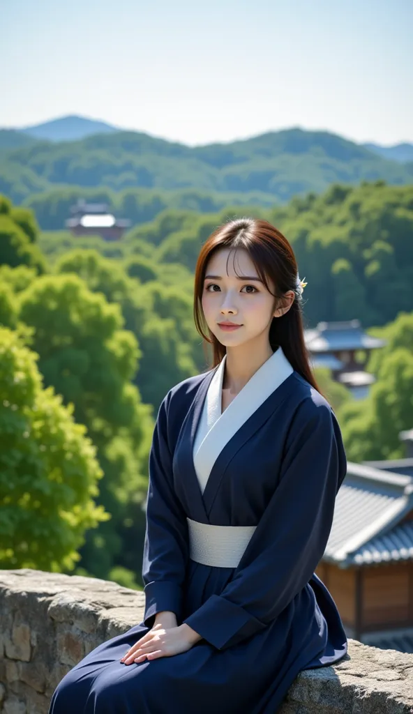 Portrait of a young beautiful Japanese woman , wearing a navy blue Kosode with white sash and a simple zouri,sits gracefully on a stone wall of a historic castle,with a gentle smile. Behind her, the lush beauty of nature unfolds—towering green trees, a cle...