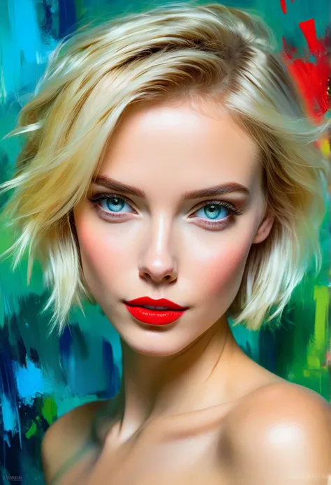 A beautiful woman with a green background, short  blond hair, messy hair, full red lips,blue eyes,  bright colors, colorful brushstrokes, oil painting style, expressive, abstract, high-level, full of emotions, mysterious lighting, dramatic, and smirk.