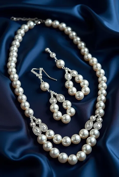 "A luxurious jewelry set consisting of a necklace, natural pearl earrings and bracelet, united by delicate platinum links set with diamonds. The design is classic and timeless, evoking the sophistication and heritage of fine jewelry. Navy blue satin backgr...