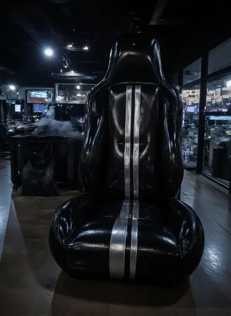 Full panoramic view of scene from below, RAW amateur selfie photo, high resolution, ((A huge inflated shiny racing gaming style seat made of shiny black rubber-latex with two very thin vertical wide stripes racing style in the middle in silver chrome color...