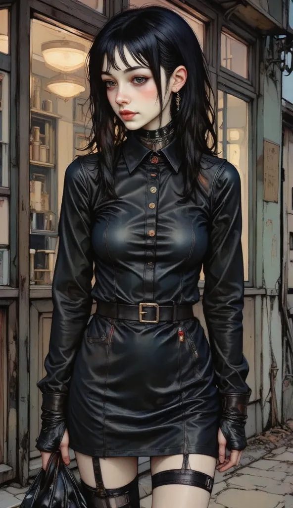 Dynamic half-profile pose  ,    Whole body,  Anime girl in a black suit standing in front of a store, dressed in punk clothes,   an anime girl dressed in a black dress  , dressed in crustpunk clothing  ,   Goth anime girl   ,   Who wears a punk outfit   , ...