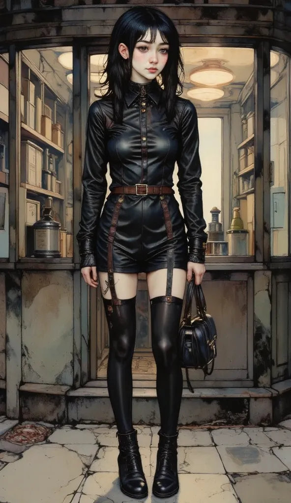 Dynamic half-profile pose  ,    Whole body,  Anime girl in a black suit standing in front of a store, dressed in punk clothes,   an anime girl dressed in a black dress  , dressed in crustpunk clothing  ,   Goth anime girl   ,   Who wears a punk outfit   , ...